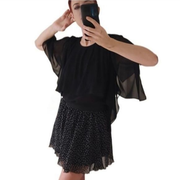 BCBG MaxAzria capelet black blouse sheer cape sleeves S - Picture 5 of 8